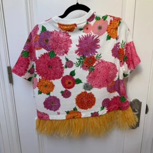 La DoubleJ La Scala Tee Floral Cotton Feather Trim Blouse Crew Neck Size Small - Picture 2 of 7